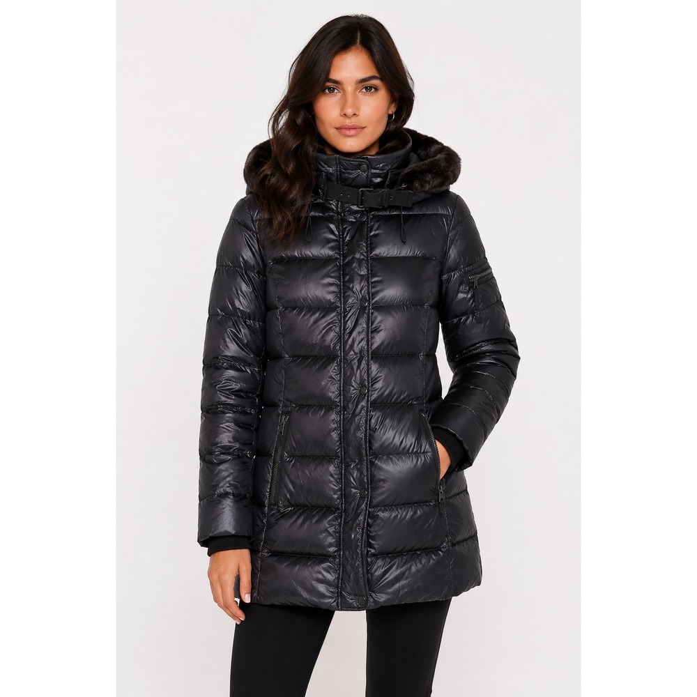 S13 New York Women Black Glossy Faux Fur Collar Hooded‎ Puffer Jacket Coat